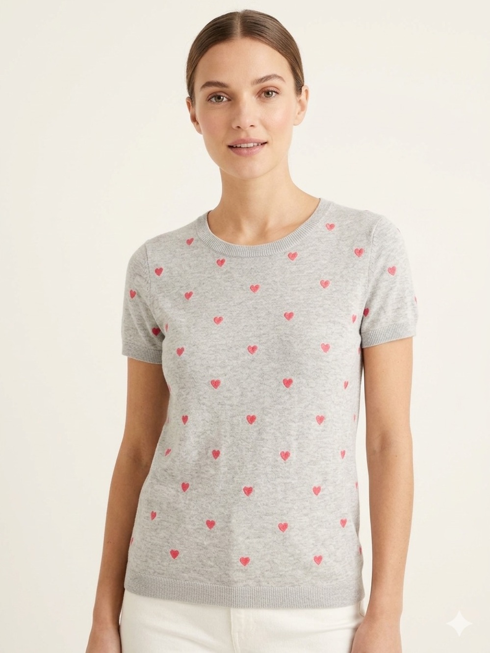 J. Crew Factory Heart Sweater Short Sleeve Gray Grey Pink Valentines Knit Shirt